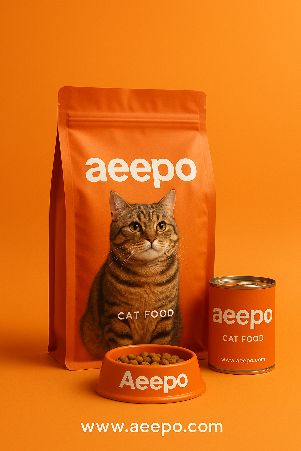 aeepo.com is a smart domain choice for cat food branding, shown with bold packaging and an orange tabby cat