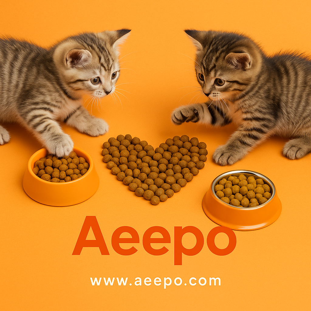 Aeepo cat food brand with playful tabby kittens and heart-shaped kibble.
