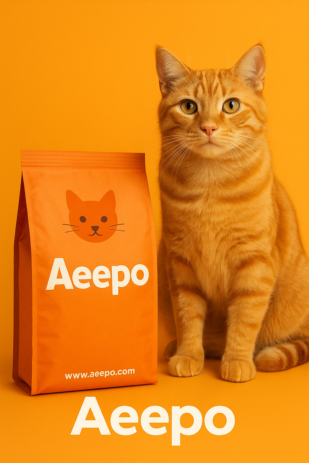 Aeepo cat food bag with orange tabby cat on orange backdrop.