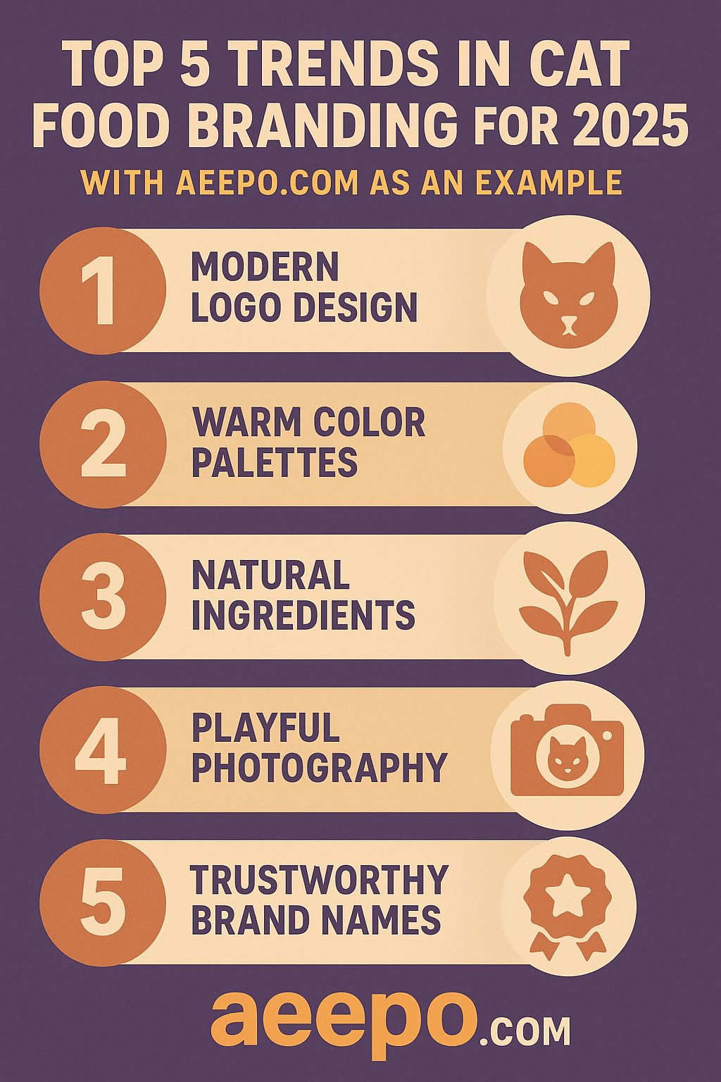 Infographic showing the top 5 trends in cat food branding for 2025, highlighting Aeepo.com as a prime example of a short, memorable domain for pet food brands