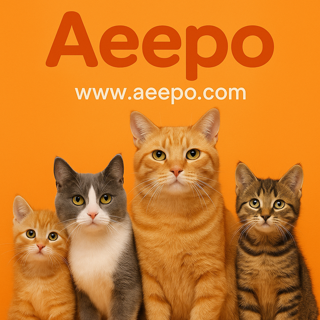 Aeepo cat food ad with cats and kittens on orange background.