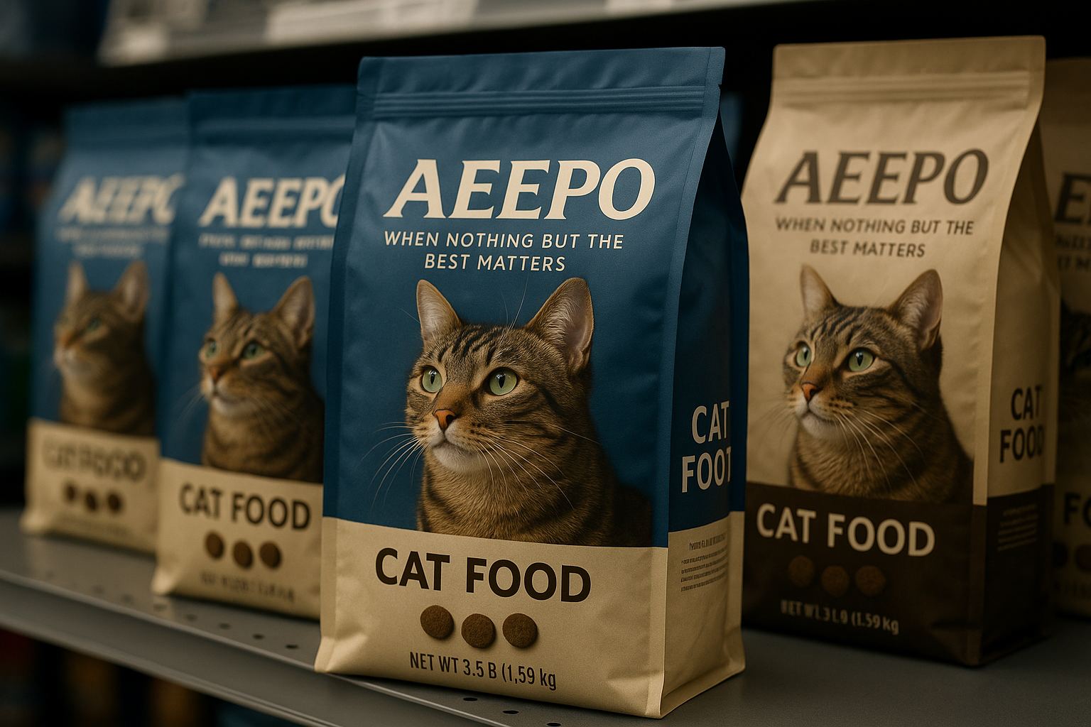 AEEPO branded cat food bags on a store shelf, showcasing the modern five-letter pet food brand name