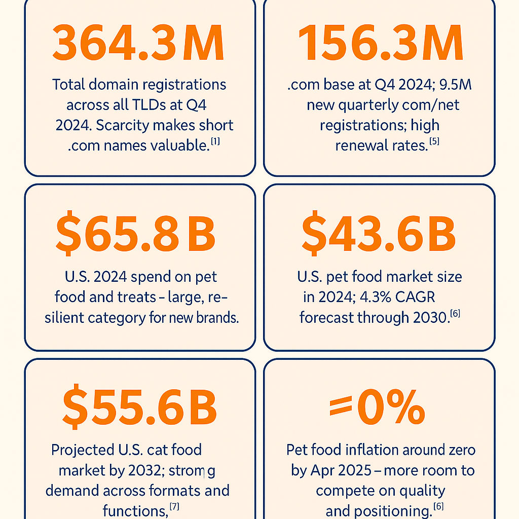 AEEPO infographic showing domain scarcity and pet food market statistics